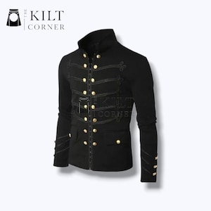 May include: Black military-style jacket with gold-colored buttons and decorative trim. The jacket has a high collar, long sleeves, and a tailored fit. The Kilt Corner logo is visible in the upper left corner.