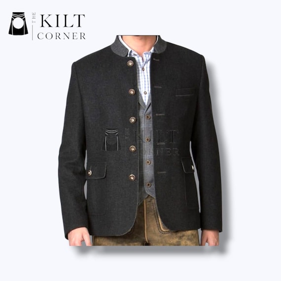 German Bavarian Grey Wool Jacket For Men - Tyrol Loden Trachten Bavarian Jacket - Traditional Handmade Grey Wool Jacket For Oktoberfest
