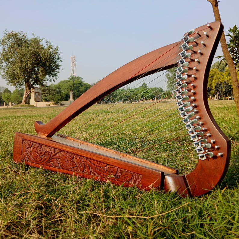 May include: A handcrafted wooden harp with a rich, dark brown finish. The instrument features intricate floral carvings on the soundbox and numerous strings. The harp is set on a grassy lawn, showcasing its elegant design and craftsmanship.