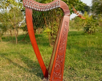 Rosewood Celtic Engraved 19 Strings Lyre Harp - Irish Lever Lyre Harp With Free Nylon Strings and Carry Case