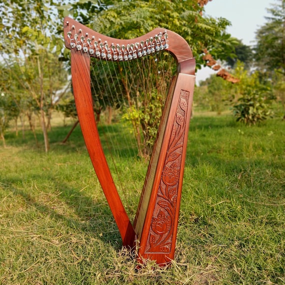 Rosewood Celtic Engraved 19 Strings Lyre Harp - Irish Lever Lyre Harp With Free Nylon Strings and Carry Case