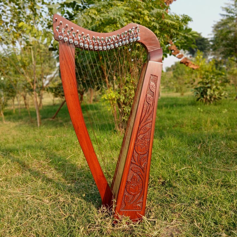 May include: A wooden harp with a reddish-brown finish stands in a grassy area. The instrument features strings, tuning pegs, and carved floral designs on the soundbox. The harp's frame is a rich, warm color, and the strings are visible.
