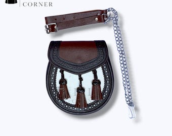 Dark Brown Leather Semi Dress Sporran - 3 Tassels Sporran With Chain & Belt