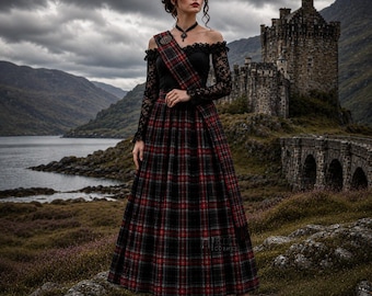 Gothic Tartan Maxi Skirt With Matching Sash - Scottish Highland Celtic Plaid Evening Gown - Gothic Inspired Skirt In 50+ Tartans