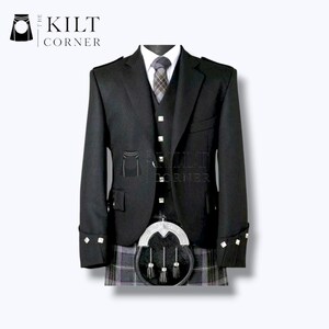 May include: A black kilt outfit, comprising a jacket, waistcoat, and kilt. The jacket features silver cuff details and a matching waistcoat with silver buttons. The kilt is a grey plaid with a decorative sporran and tassels. The Kilt Corner logo is visible.