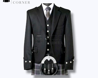Black Serge Wool Argyle Kilt Jacket & Vest: Scottish Wedding Outfit