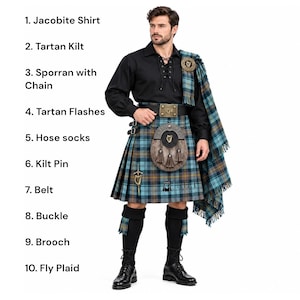 May include: A black long-sleeved Jacobite shirt with lace-up front, a blue and gold tartan kilt, a fur sporran with a chain, tartan flashes, black hose socks, a kilt pin, a belt with a buckle, a brooch, and a matching tartan fly plaid.