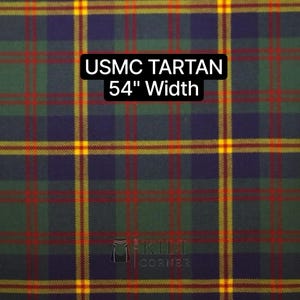 May include: USMC Tartan fabric with a 54-inch width. The plaid pattern features a grid of dark green, navy blue, red, and yellow lines. The Kilt Corner logo is visible in the bottom right corner.