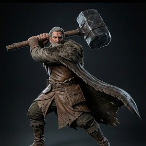 May include: A warrior figure in a brown leather outfit, holding a large, dark metal hammer. The figure has a fur-lined cloak and is posed in a dynamic stance. The background is a dark gray.