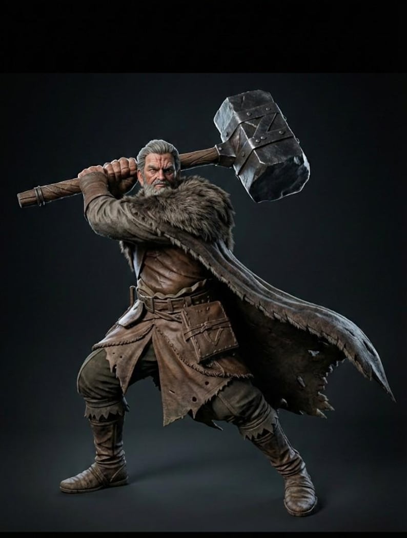 May include: A warrior figure in a brown leather outfit, holding a large, dark metal hammer. The figure has a fur-lined cloak and is posed in a dynamic stance. The background is a dark gray.