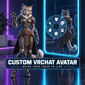 Encomenda de avatar personalizado para VRChat, modelo 3D com rigging para PC e Quest.