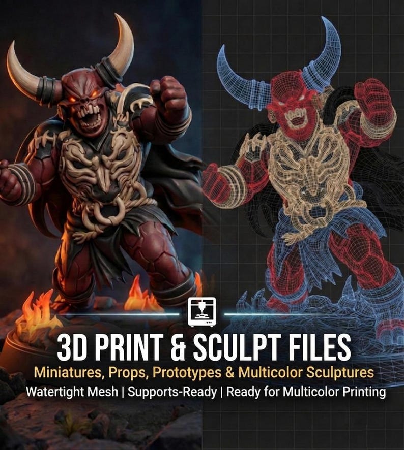 May include: A detailed image showcasing a red and tan demon-like sculpture with large horns, posed aggressively. The image is split, with a 3D model wireframe version on the right. Text at the bottom reads "3D PRINT & SCULPT FILES" and details about the files.