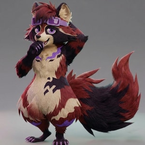 May include: A digitally rendered anthropomorphic raccoon character with a furry appearance. The raccoon has a mix of red, black, and cream-colored fur, purple accents, and purple-tinted goggles. It is posed with one hand near its face.