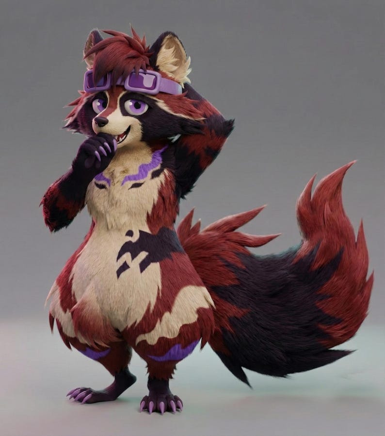 May include: A digitally rendered anthropomorphic raccoon character with a furry appearance. The raccoon has a mix of red, black, and cream-colored fur, purple accents, and purple-tinted goggles. It is posed with one hand near its face.
