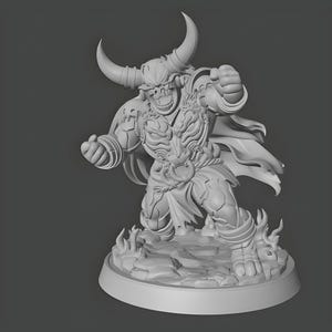 May include: A gray 3D-printed figurine of a horned demon with a skeletal face, muscular physique, and flames at its feet. The demon is in a dynamic pose, with clenched fists and a flowing cape, suggesting action and power. The figurine is on a circular base.