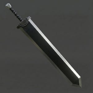 May include: A large, two-handed sword with a wide, rectangular blade. The blade is silver, and the hilt is black with a silver pommel. The sword has a guard that curves around the blade. The overall design suggests a fantasy or medieval theme.