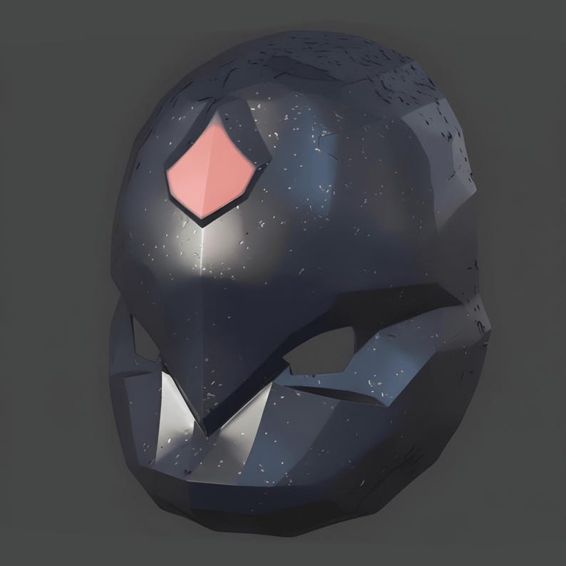 May include: A dark gray, geometric mask with a pink diamond-shaped accent above the eyes. The mask has a textured surface and angular features, with openings for the eyes and mouth, suggesting a futuristic or fantasy theme.