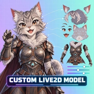 Op de afbeelding: Een digitale illustratie van een grijs gestreept kattenpersonage in een versierd metalen harnas met bontaccenten. De afbeelding bevat losse onderdelen voor het haar, gelaatstrekken en romp, met de tekst CUSTOM LIVE2D MODEL erbij.