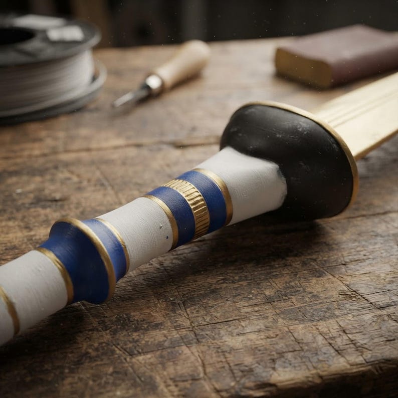 Close-up view of the painted handle and crossguard of the custom fantasy sword prop.