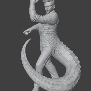 May include: A 3D-rendered sculpture of a humanoid figure with reptilian features. The figure is wearing a textured jacket, pants, and sneakers. A large, scaled tail curves behind the figure, and the figure is posed with one arm raised.