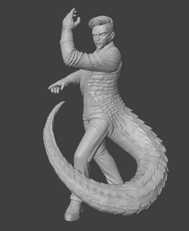 May include: A 3D-rendered sculpture of a humanoid figure with reptilian features. The figure is wearing a textured jacket, pants, and sneakers. A large, scaled tail curves behind the figure, and the figure is posed with one arm raised.