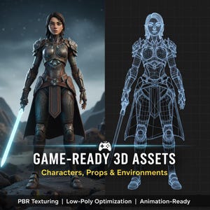 May include: Image of a game-ready 3D asset. It features a female character in detailed armour holding a glowing sword, next to a wireframe model of the same character. Text reads: "GAME-READY 3D ASSETS", with additional text below.