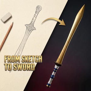 A split image shows a pencil sketch of a fantasy sword on paper next to a finished gold-bladed sword prop with a blue and white striped handle, with text reading from sketch to sword.
