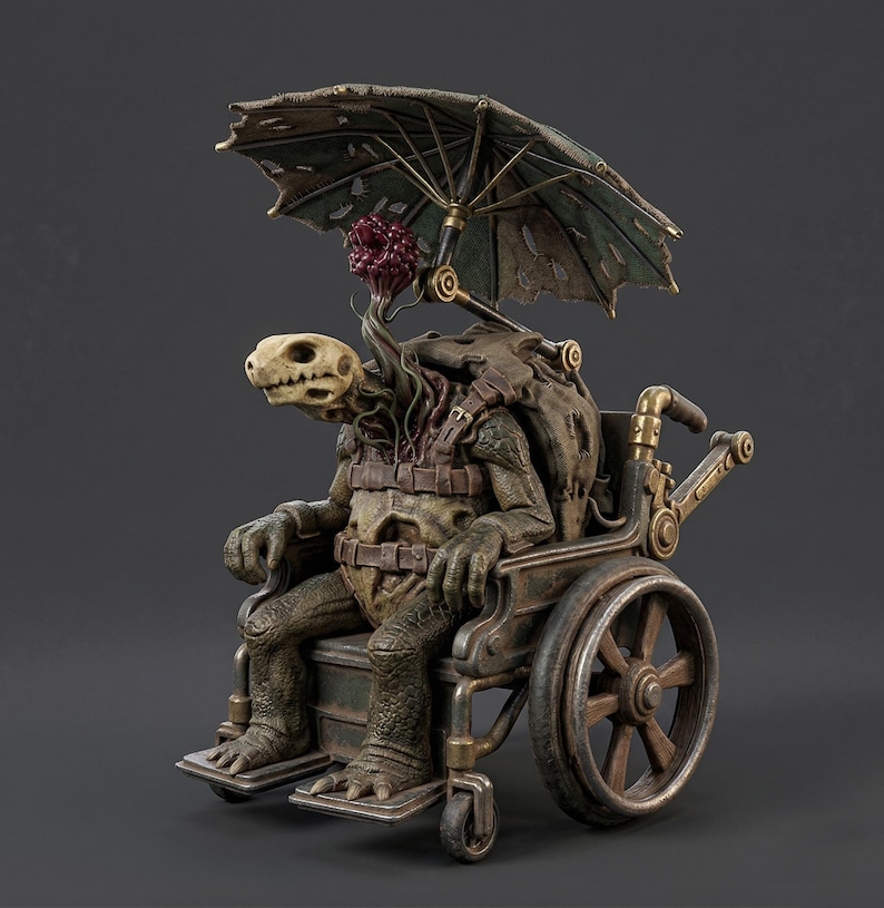 May include: A detailed sculpture of a creature with a skull-like head, seated in a vintage wheelchair. The creature is adorned with a tattered umbrella and a cluster of red, organic-looking elements. The wheelchair has intricate metalwork and spoked wheels.