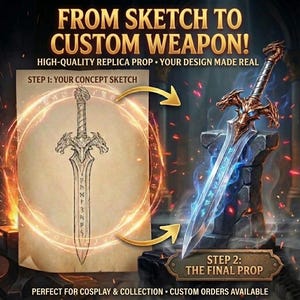 May include: An advertisement for custom replica weapons. The image shows a sketch of a sword next to a finished prop sword. The text reads "FROM SKETCH TO CUSTOM WEAPON!" and "HIGH-QUALITY REPLICA PROP • YOUR DESIGN MADE REAL."
