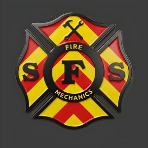 May include: A fire department emblem with a Maltese cross design. The emblem features red and yellow sections, with the letters "SFS" and the words "FIRE MECHANICS". A hammer and wrench are crossed at the top.
