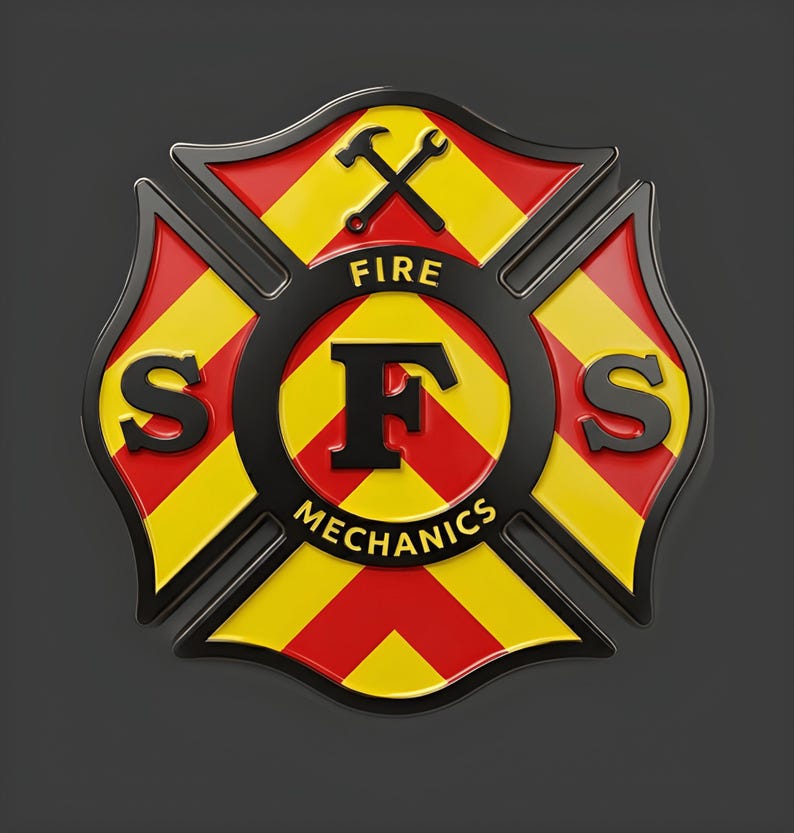 May include: A fire department emblem with a Maltese cross design. The emblem features red and yellow sections, with the letters "SFS" and the words "FIRE MECHANICS". A hammer and wrench are crossed at the top.