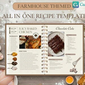 Könnte beinhalten: Eine Rezeptvorlage im Landhausstil mit dem Text "Farmhouse Themed" und "All in One Recipe Template". Das Rezept enthält Rezepte für "Juicy Baked Chicken" und "Chocolate Cake". Das Bild zeigt Zutaten, Anweisungen und ein Foto der fertigen Gerichte.