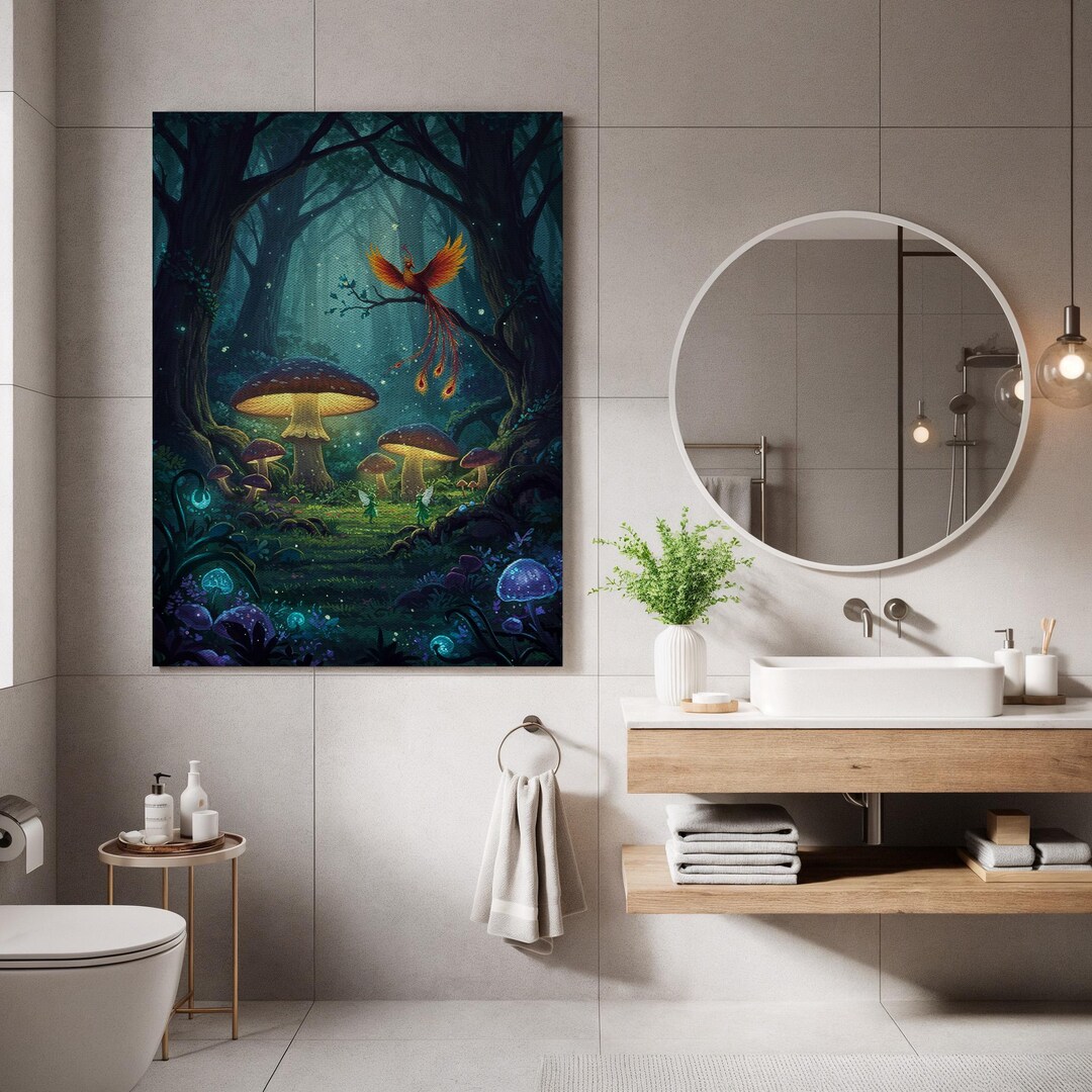 Enchanted Forest Canvas Art, Mushroom Bird Painting, Surreal Nature ...