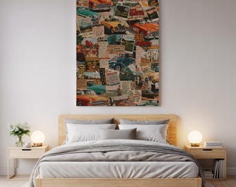 Vintage Car Wall Art Canvas, Retro Automobile Art Collage, Classic Cars Illustration, Nostalgic Auto Decor, Old School Car Artwork