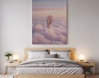 Hand reikend door wolken canvas muurkunst, dromerige surrealistische lucht artwork, inspirerende abstracte wolk canvas print, cadeau voor thuis