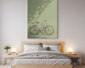 Vintage Bicycle Canvas Wall Art, Minimal Green Background Print, Retro Bike Wall Decor, Modern Nature Inspired Canvas Artwork, Home Decor