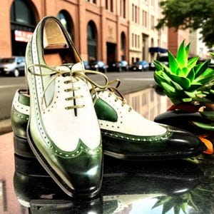 Mens Two Tone White Dark Green Leather Wingtip Oxford Brogue Shoes, Handmade Dress Casual Formal Shoes, Stylish Gift for Men