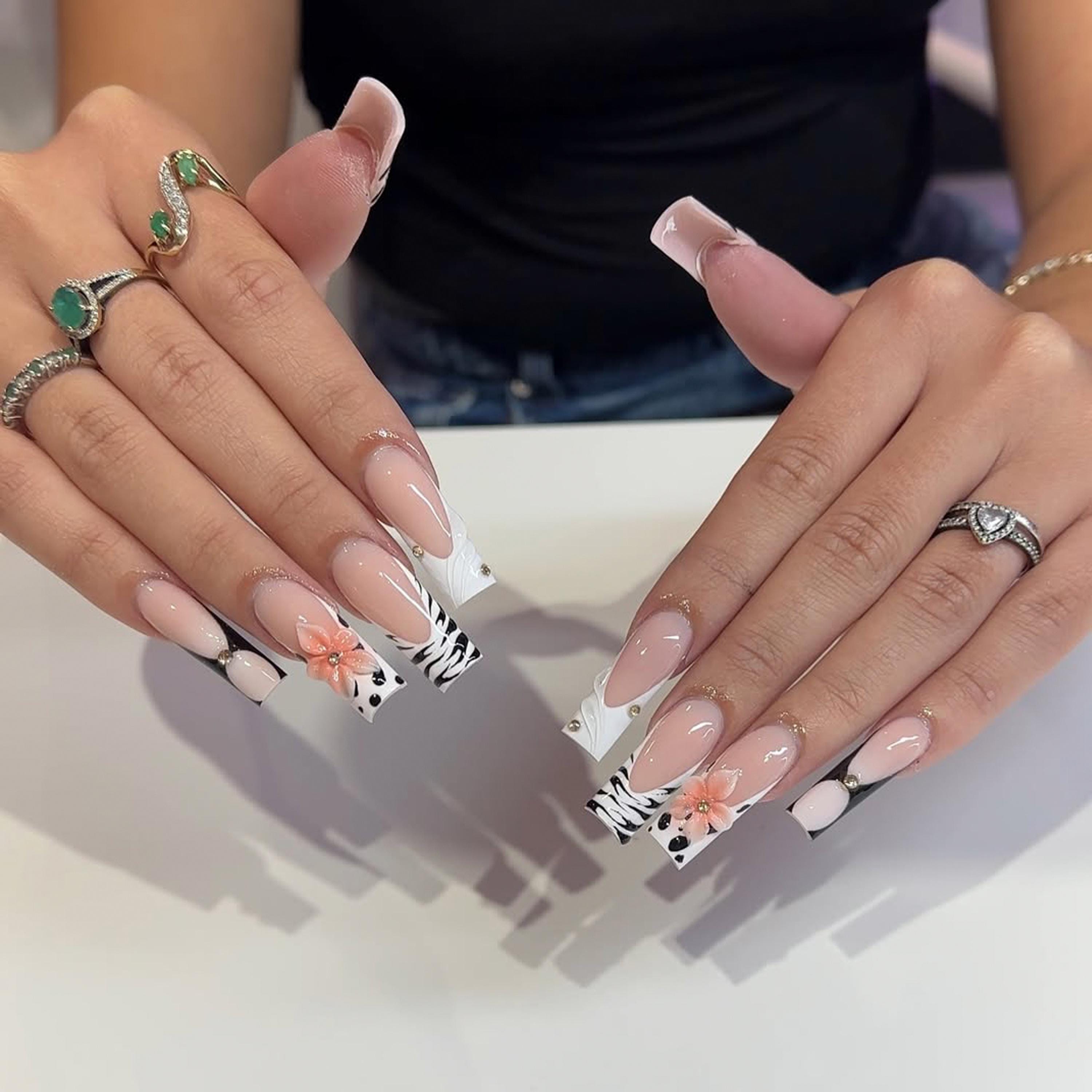 Zebra Print Press on Nails: Long Square, 3D Flower, French Tip - Etsy