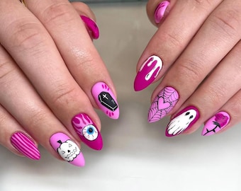 Hand-Painted Pink Halloween Press On Nails: Ghost, Pumpkin, Spiderweb