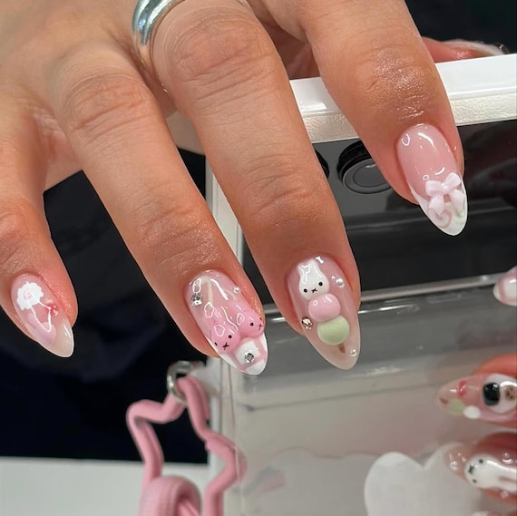 Kawaii Miffy Press on Nails: 3D Bunny & Dango, Pink Nail Set - Etsy