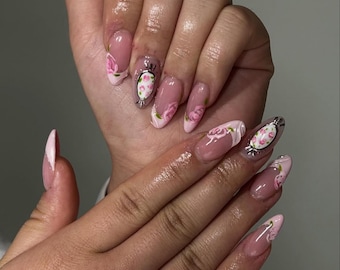 Vintage Cameo Rose Press On Nails: Rosa French Tip, Viktoriansk Nagelkonst