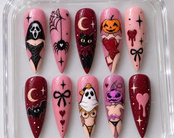 Gothic Halloween 3D Press On Nails, Handmade Spooky Nail Art Set, Dark Coquette