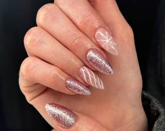 Pink Glitter Snowflake Press On Nails: Handmade Christmas Nail Art