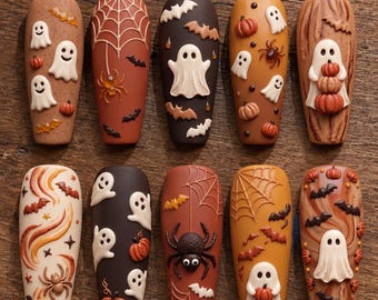 Handmade 3D Halloween Press-On Nails, Ghost Pumpkin Bat Art (Set of 10)