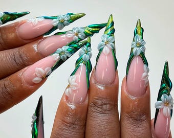 Forest Fairy Press On Nails, 3D Floral Green Chrome Stiletto