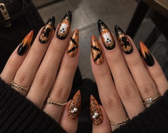 3D Halloween Press On Nails, Gothic Cat Ghost Bat, Handmade Black Orange Stiletto Set