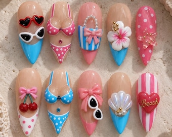 Pink Coquette 3D Press-On Nails, Bow, Cherry & Blue Y2K Handmade Set