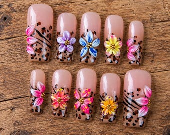3D Floral Leopard Press On Nails, Handmade Pink Flower Gel Set, Reusable Statement Tips