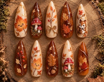 Autumn Leaf Press On Nails, Cute Fall Nails, Handmade Nail Art