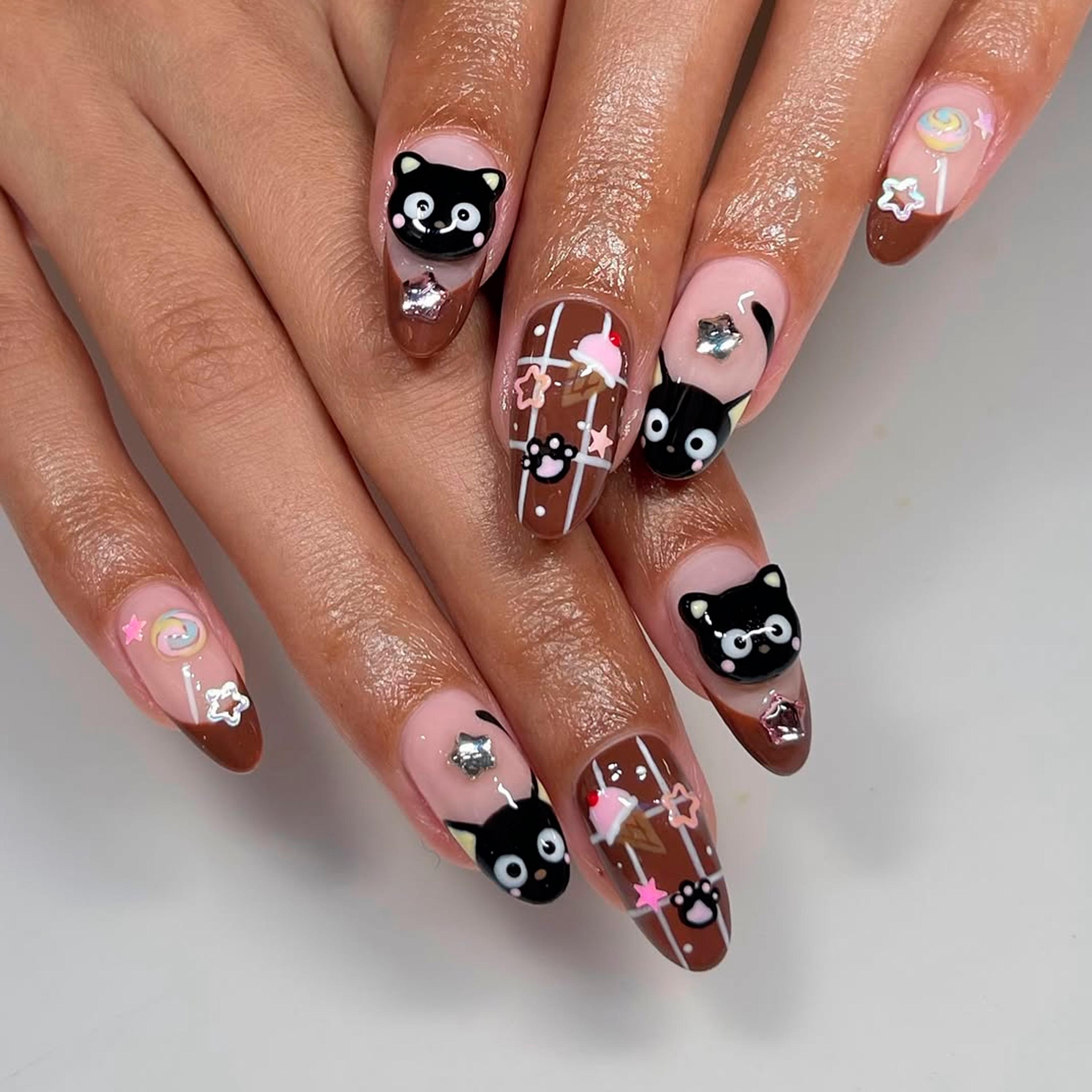 Chococat Press on Nails, Brown Pink 3D Cat Charms, Kawaii Almond